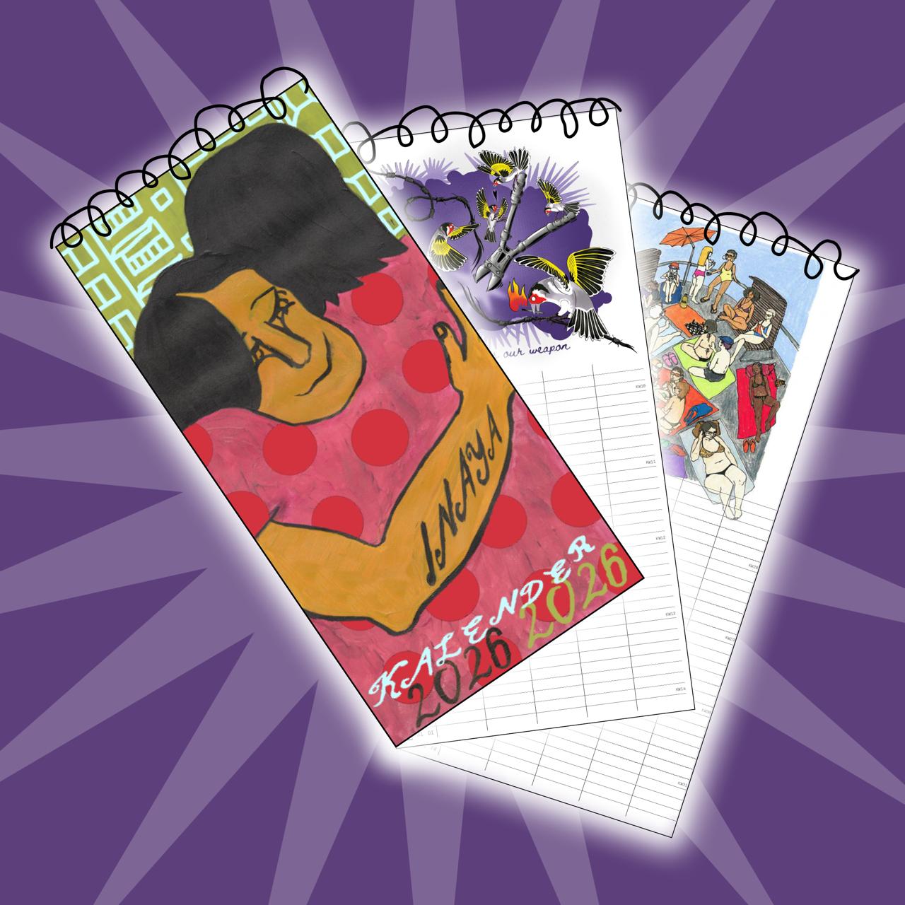 Die Titelseite des Inaya Kalenders 2026 und Teaser zu zwei weiteren Monaten auf einem violetten Hintergrund